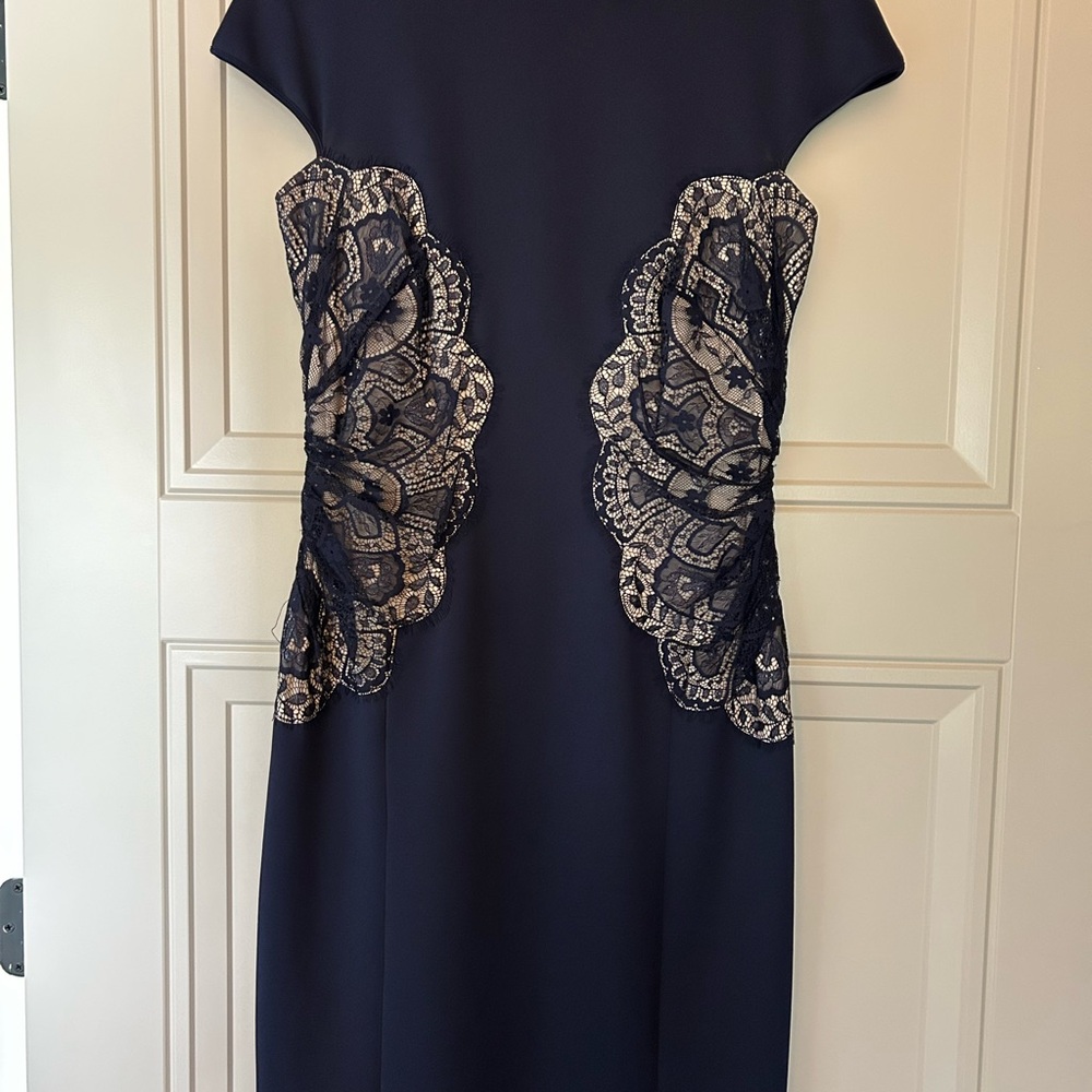 Tadashi Shoji Blue Cream Midi Dress Cap Sleeve